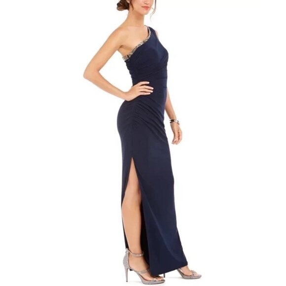 Adrianna Papell Size 12 Navy Blue EMBELLISHED One Shoulder Jersey Gown Dress NWT - Picture 2 of 12